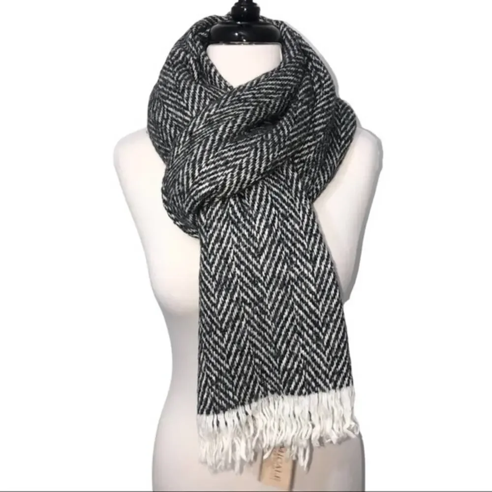 Amicale Wool Cashmere Blend Herringbone Scarf NWT